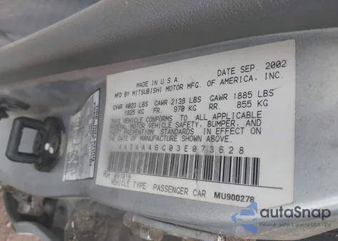 2003 Mitsubishi Galant Es/Ls из США, поврежденный, VIN 4A3AA46G03E073628